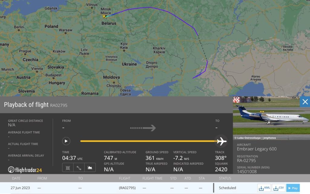 Літак Пригожина прилетів до військового аеропорту в Білорусі