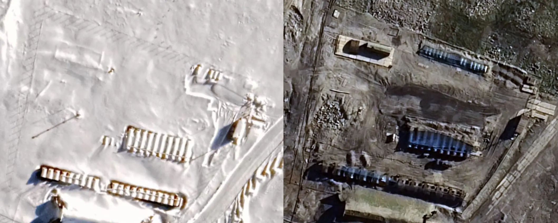 The image on the left shows fuel tanks without covers in the winter of 2021. The image of the same tanks with drone nets on the right was taken in mid-August 2025. Google Earth