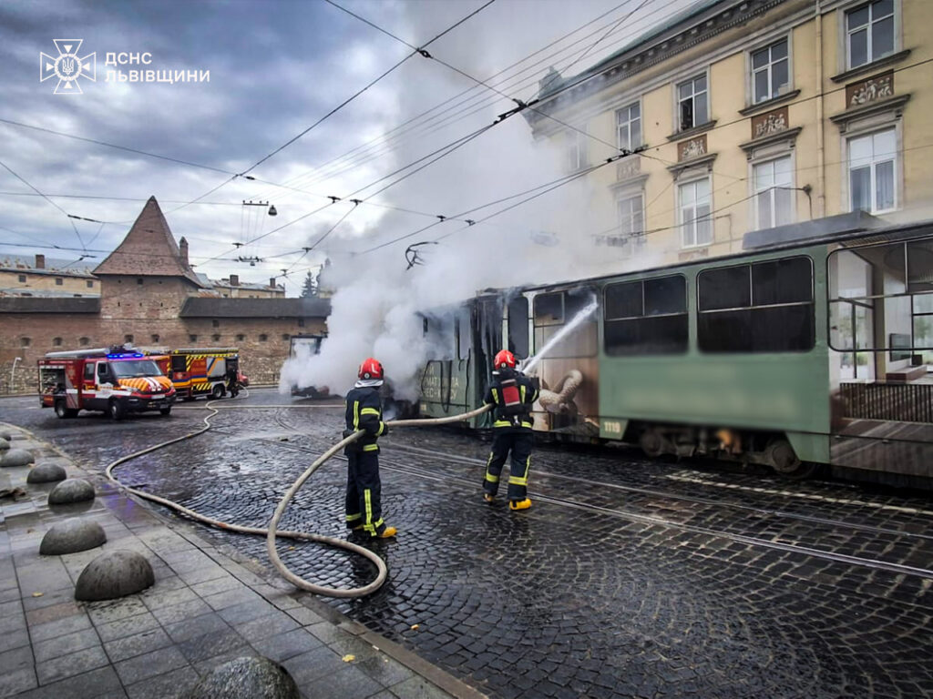 A tram burned to the ground in the center of Lviv.