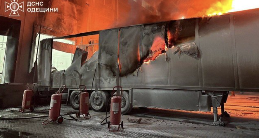 A trailer with parcels burned down at the Nova Poshta sorting center due to a Russian attack on the Odessa region