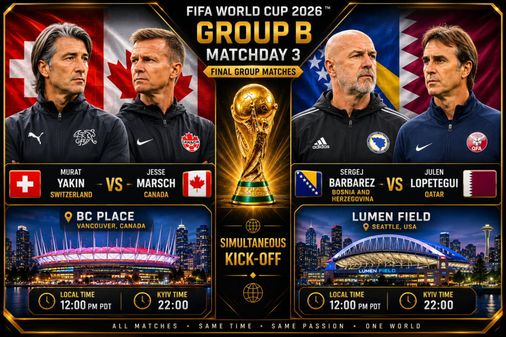 Switzerland — Canada — 2:1, Bosnia and Herzegovina — Qatar — 3:1: video and text online broadcasts of the 2026 World Cup matches