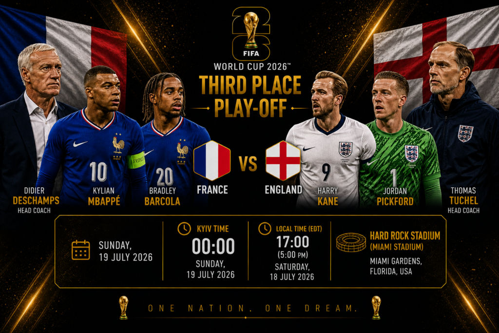 France vs. England — 4:6: Live streaming of the 2026 World Cup third-place match.